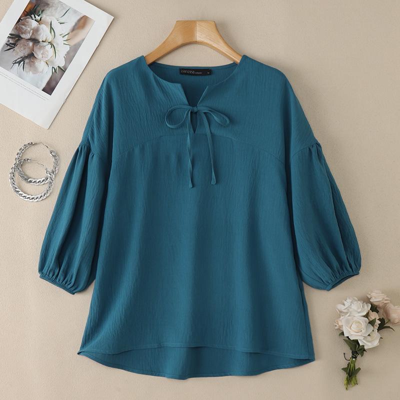 ZANZEA Women Casual Round Neck Solid Color 3/4 Sleeve Loose Blouse