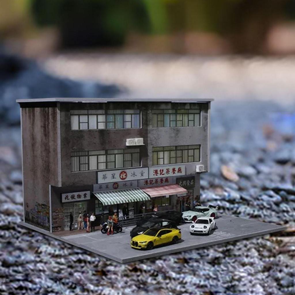 1/64 Diorama Building Diecast Car Parking Lot Display with Light Hong Street Scene