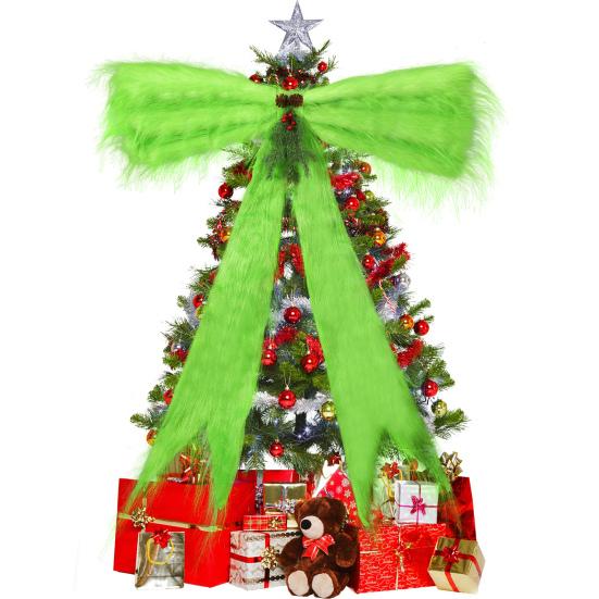 Yousheng Extra Large Green Christmas Tree Topper Bow with LED Light 47.2" x 23.6" Plush Faux Fur Bow with Pinecones Berries for Front Door Holiday