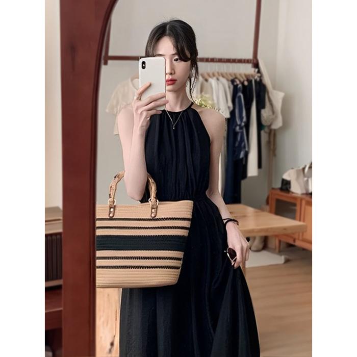 

[Original practice] Neck exposed waist holiday dress women s summer new design sense waist thin sleeveless long XL чорний