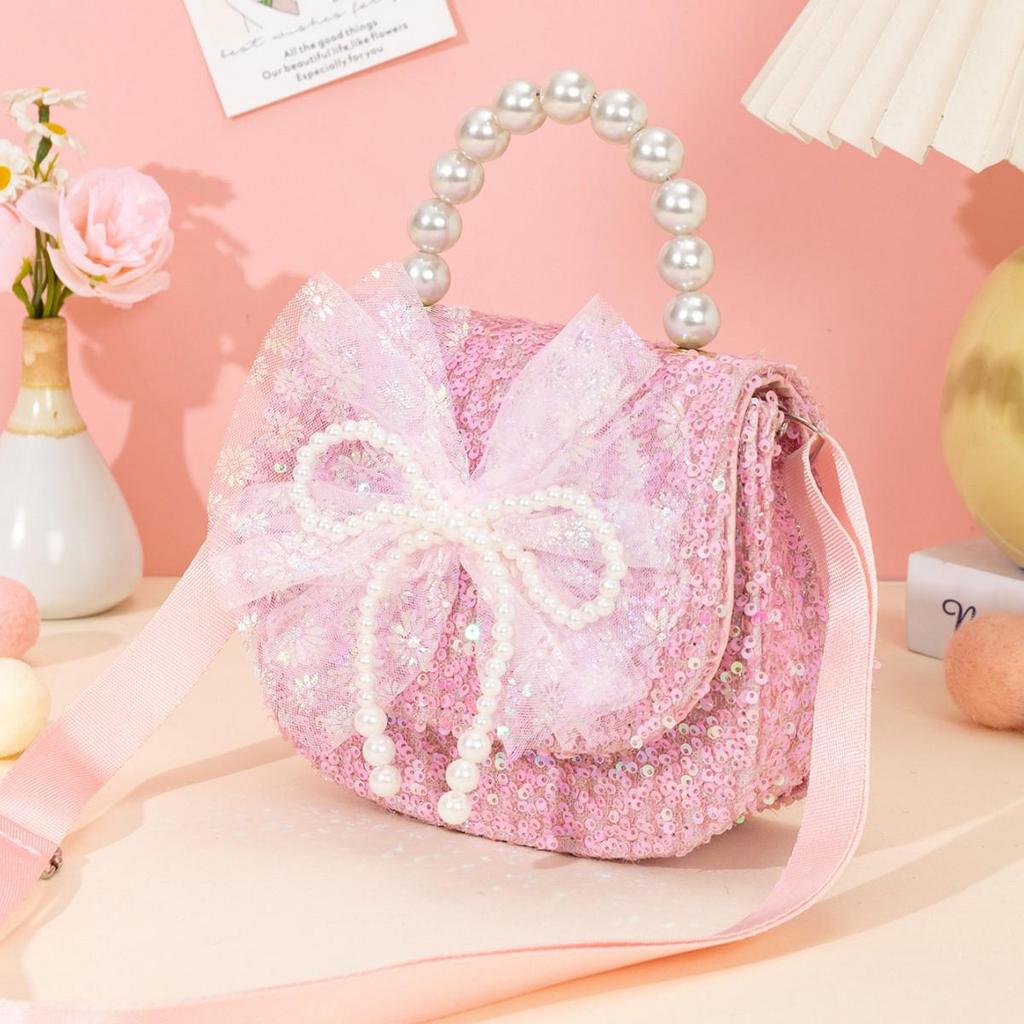 Korean Style Girls' Crossbody Bag with Bowknot, Pearl Details, and Sequin Crystal Patch