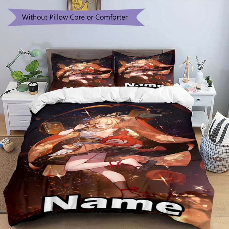 3pcs Duvet Cover Set (1*Duvet Cover + 2*Pillowcase, Without Core), Custom Name Genshin Impact Pattern Bedding Set, Home Bedroom Decor Gift