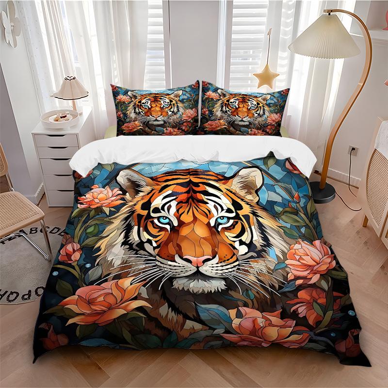 

3pcs Stained Glass Tiger with Roses Beige Comforter Set, Includes 1 Quilt Cover and 2 Pillowcases (No Core), Home Decor, Festival Gift 135x200cm