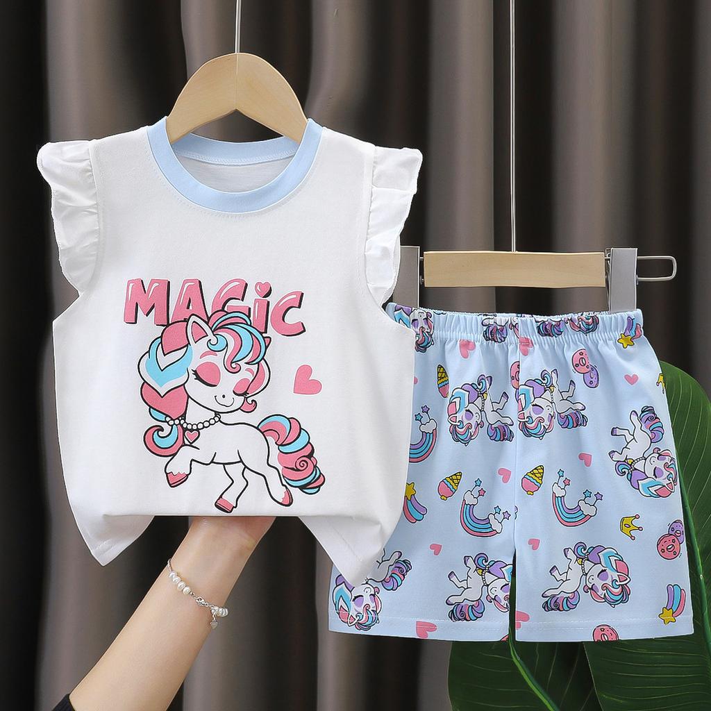Girls' Cotton Short-sleeved Set For Summer Children's Casual Flared Shorts Two-piece Set