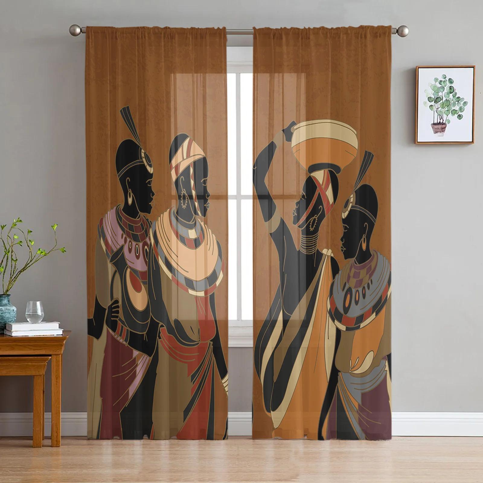 

Этнический стиль Африканские женщины Черные женщины Тюль Шторы Гостиная Кухня Украшение окна Шифон Вуаль Прозрачная занавеска W135 x H115cm x1&Grommet Top