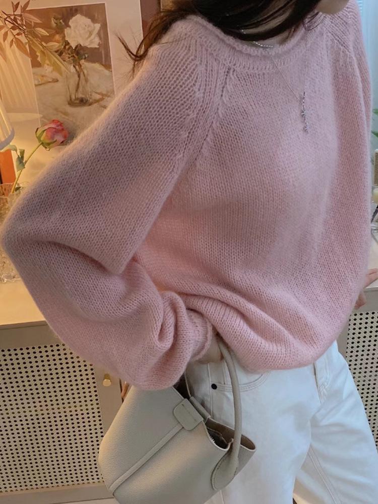 Women's Pink Wool Cashmere Pullover - Round Neck, Warm & Soft, Versatile Stylish Knit Sweater for Autumn/Winter