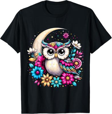 Colorful Boho Floral Owl Moon Graphic Tee Men Breathable Summer Casual T-Shirt