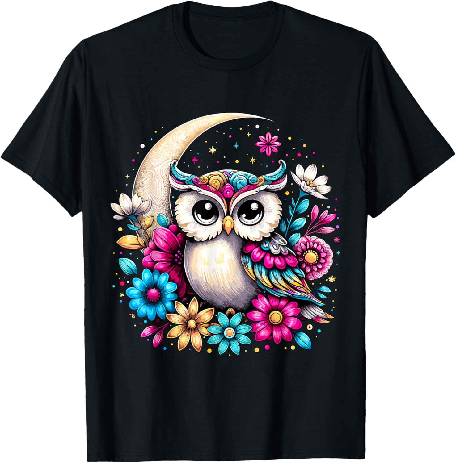 

Colorful Boho Floral Owl Moon Graphic Tee Men Breathable Summer Casual T-Shirt 4XL