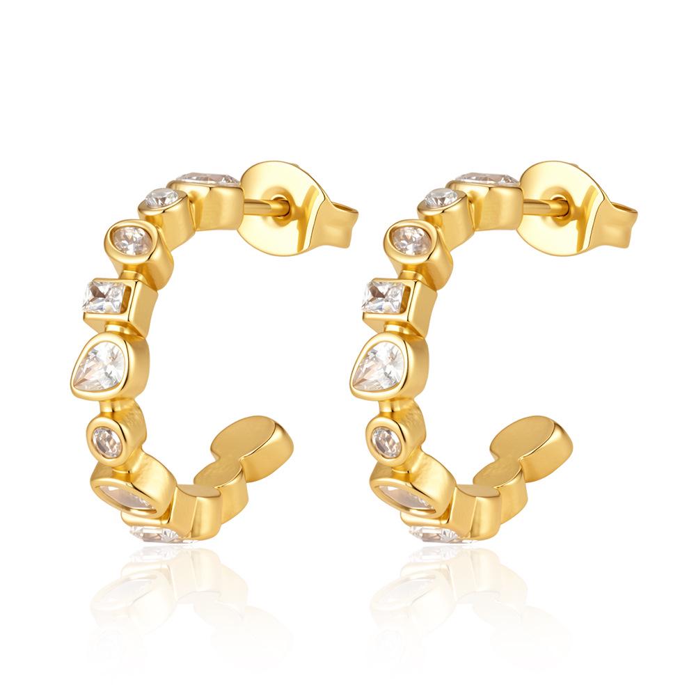 European & American Style Zirconia 18K Gold-Plated Stainless Steel Stud Earrings for Women
