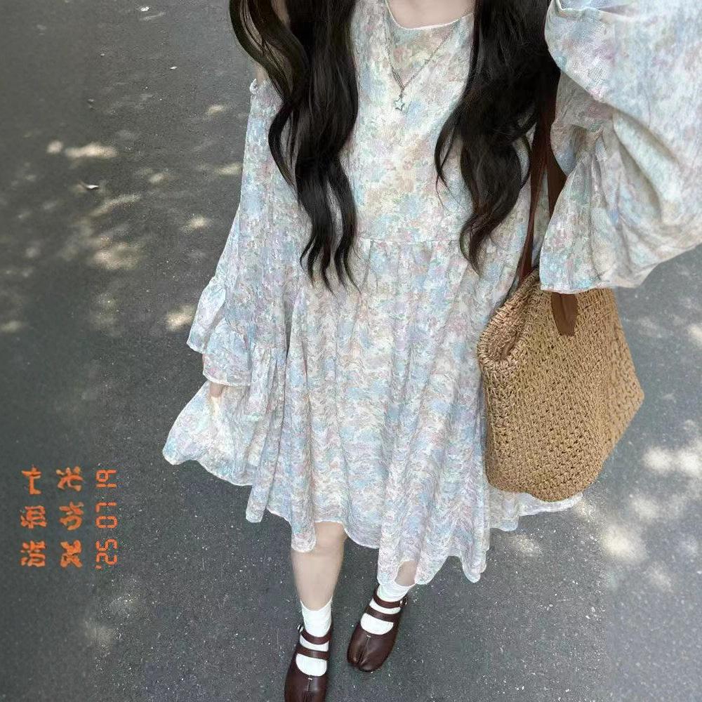 Japanese pure desire style floral design feeling off-the-shoulder dress women's French loose and thin temperament wear short skirt