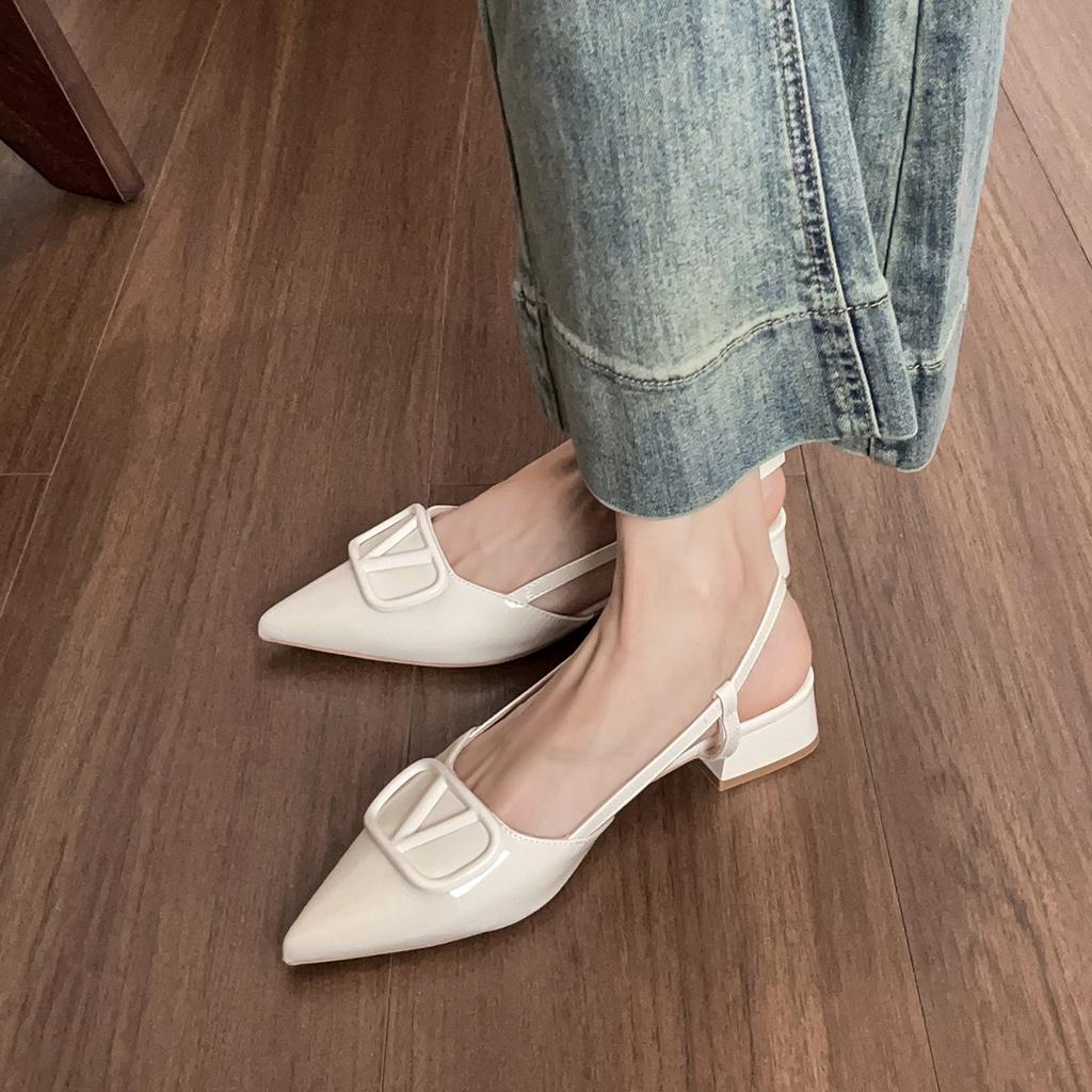 Button-toe Sandals Summer Thick-heeled French-style Pointed-toe Single Shoes