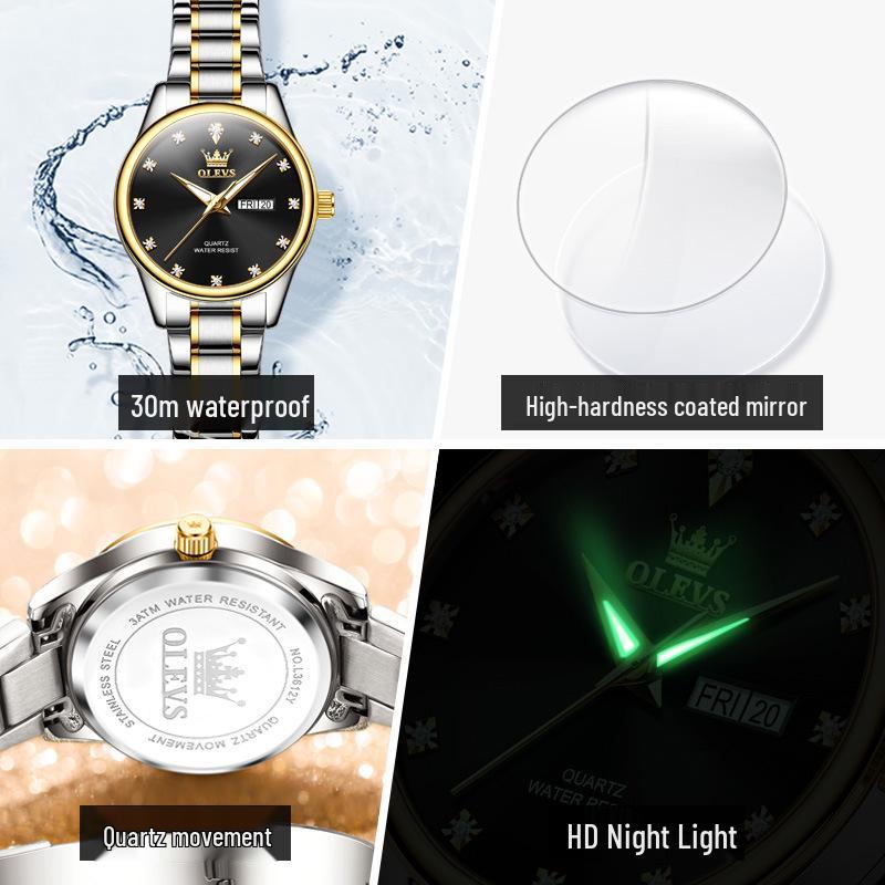 Oulishi Women's Classic Business Quartz Watch with Double Calendar and Steel Band