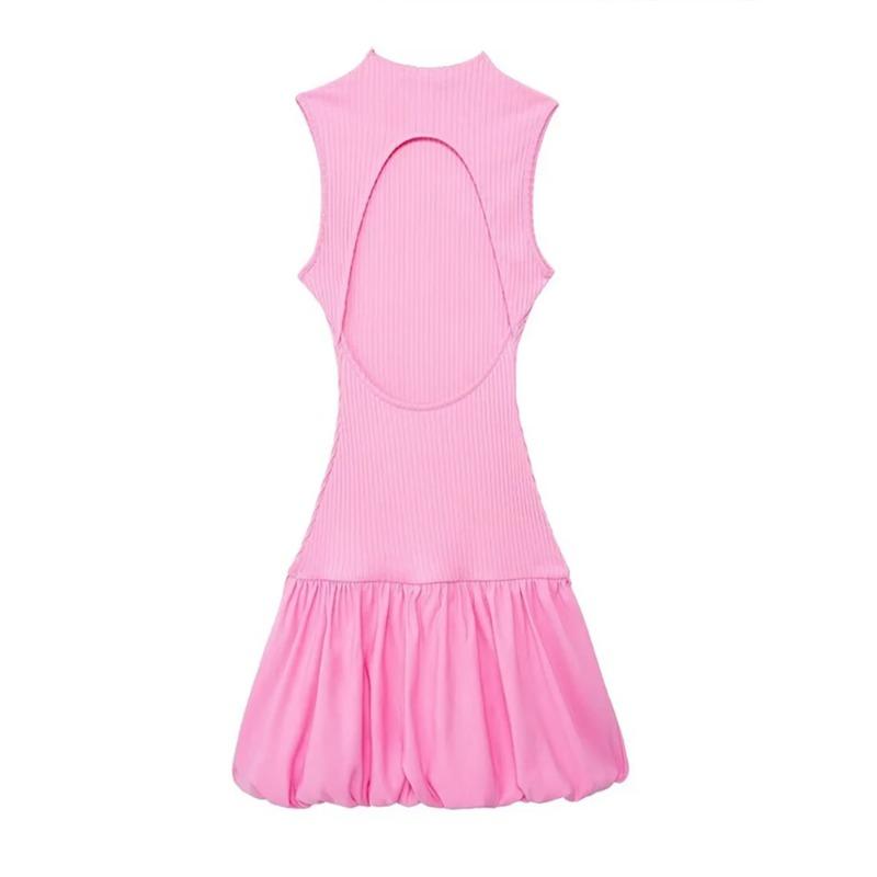 Sexy Knit Mini Dress Women Elegant Backless Sleeveless Puffy Dresses Female 2024 Spring Summer Party Fashion White Short Robe