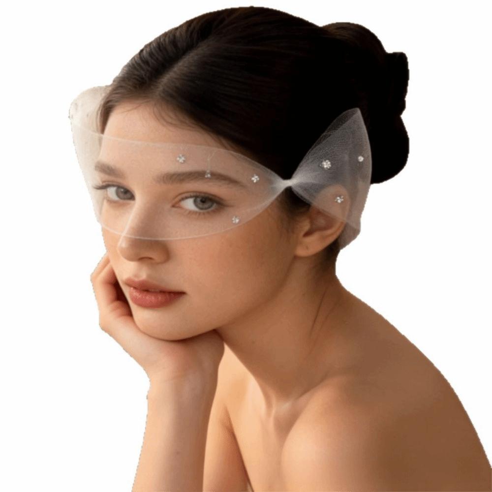 Pearl Embellished Bridal Face Mask White Tulle Fabric Wedding Face Accessory Stage Performance