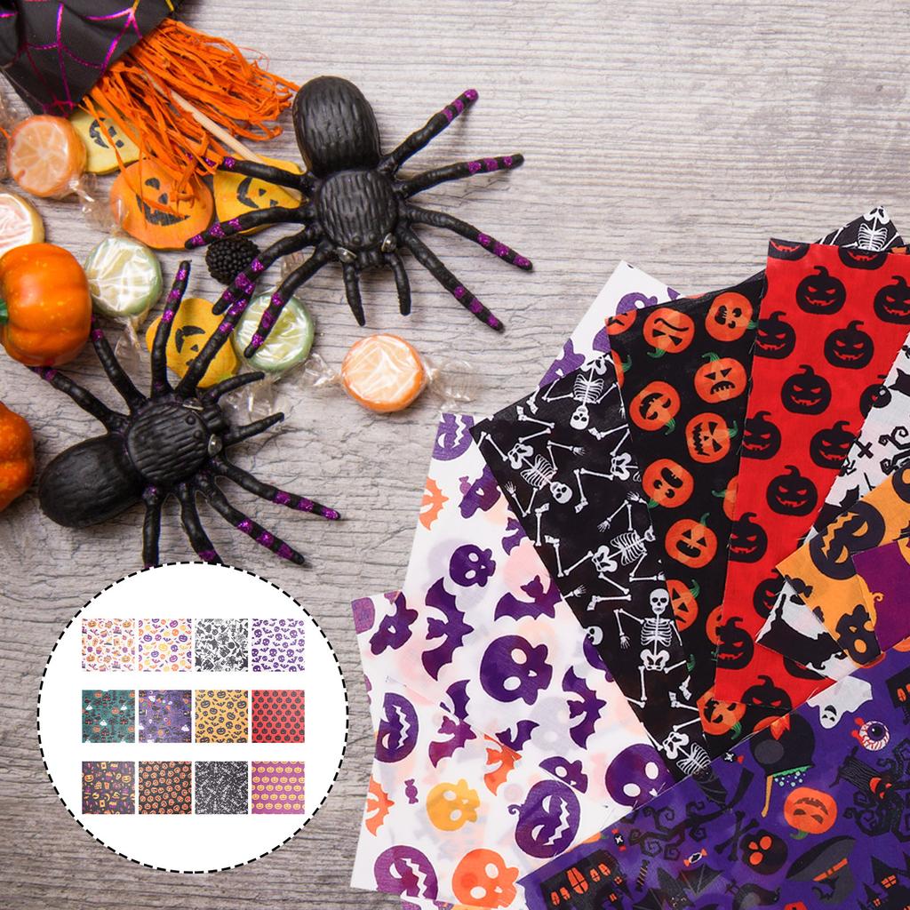 Halloween Decoration Fabric 12 Sheets Patchwork Cloth Printing Pattern Scrapbook DIY Material Polyester Sewing Craft