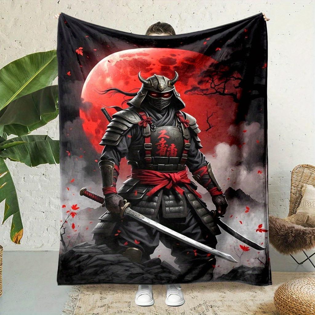 1pc Samurai Blanket Digital Print Sofa Skin-Friendly Soft Blanket  New for Boys Birthday Gift Home Sofa Chair Decoration