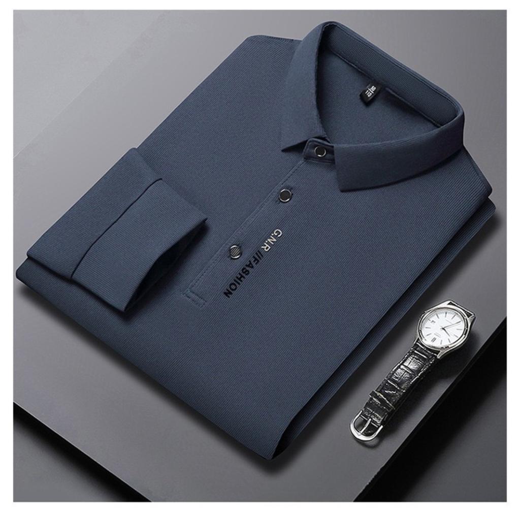 TrendHub Men's Long Sleeved POLO Shirt with Letter Printed Lapel Casual Top