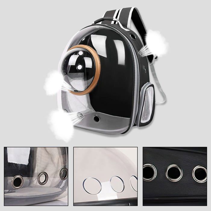 Sac à dos transparent pour chat/petit chien 35×45×28 cm - Noir, bulle PC ventilée, jusqu’à 6,5 kg