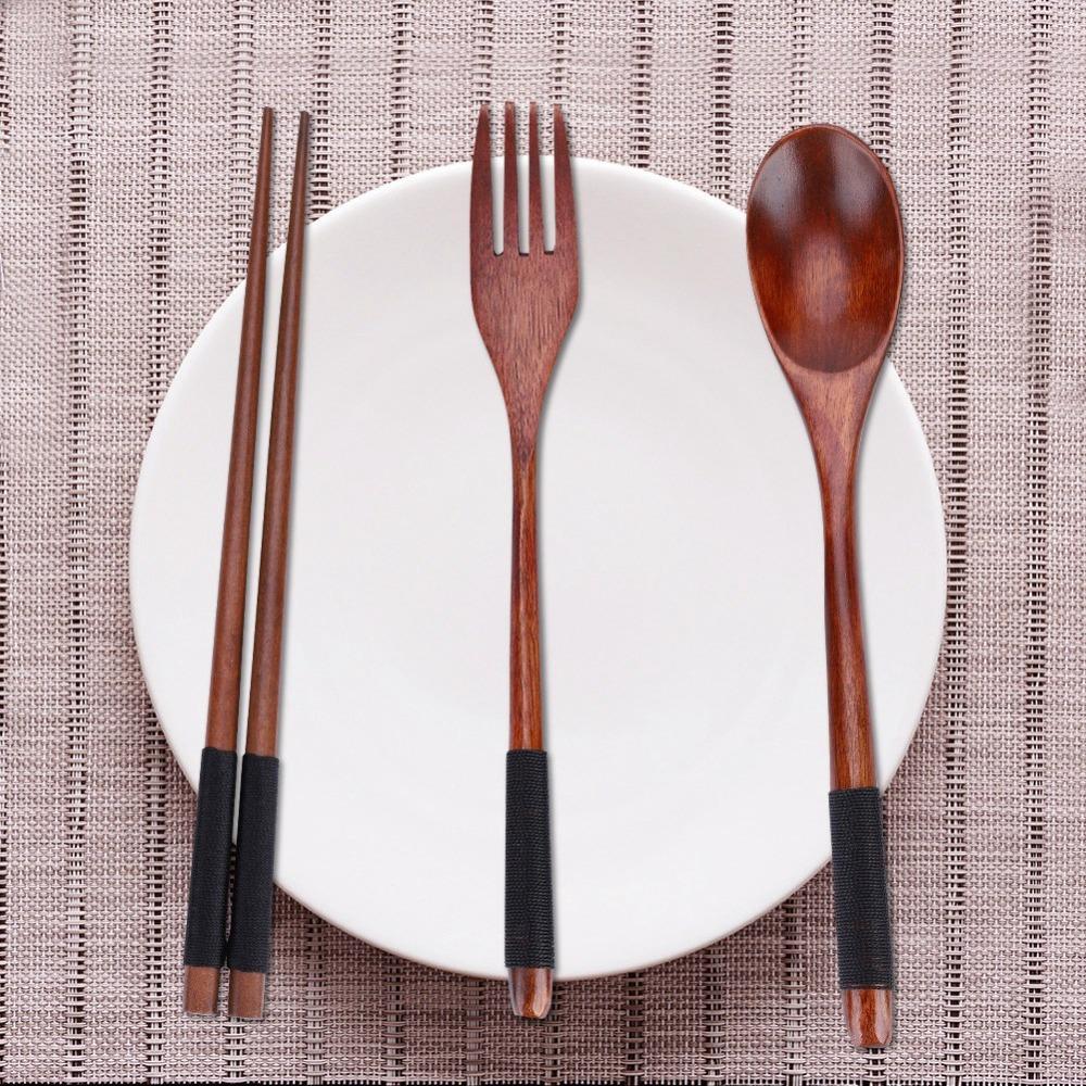 3 Pcs/Set With Thread Wooden Flatware Set Lightweight Dining Tableware Set  Travel Use