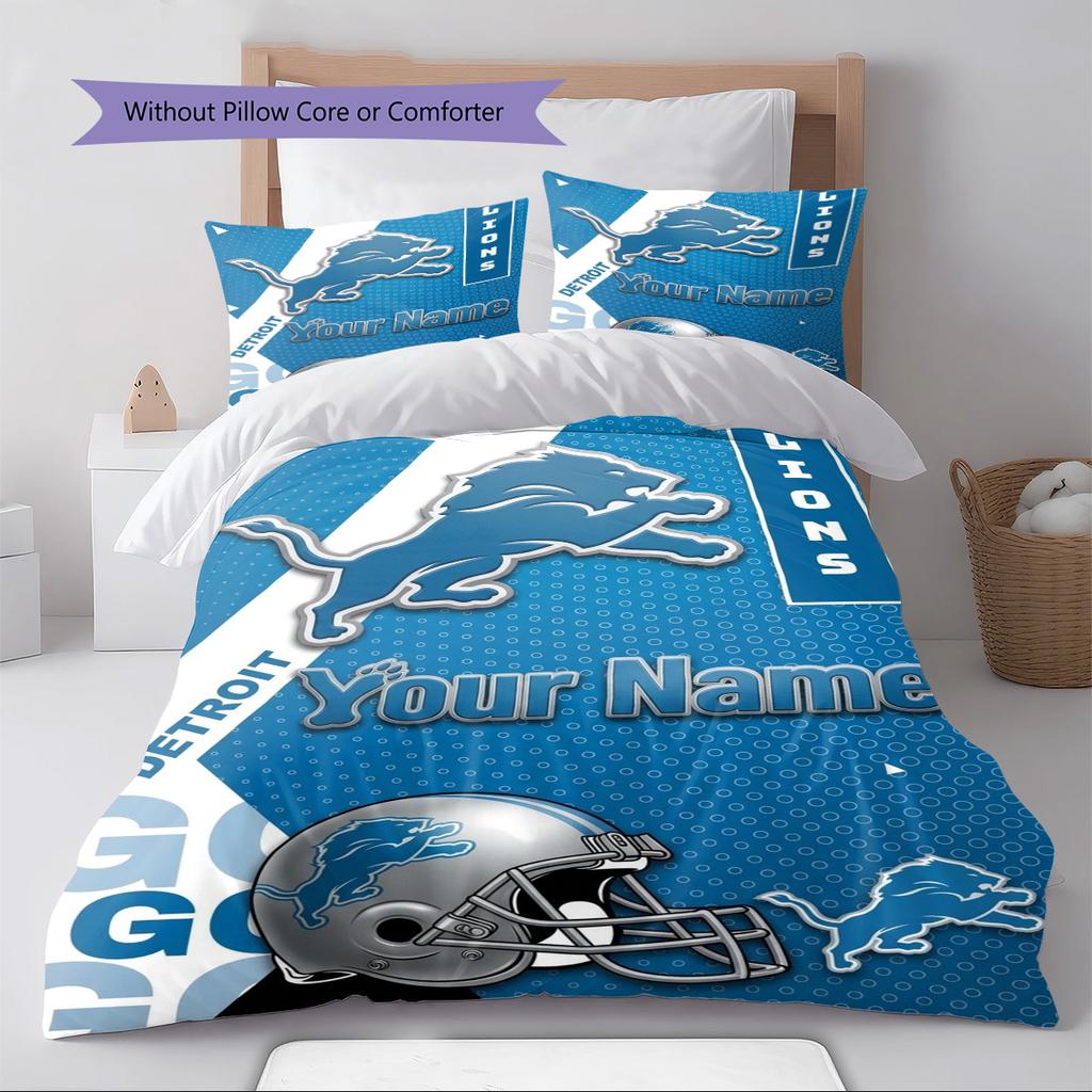 Name Custom Detroit Lions Logo Pattern Bedding Set Quilt Cover Pillowcase Home Decor Gift (1 * duvet cover + 2 * pillowcase, without core)