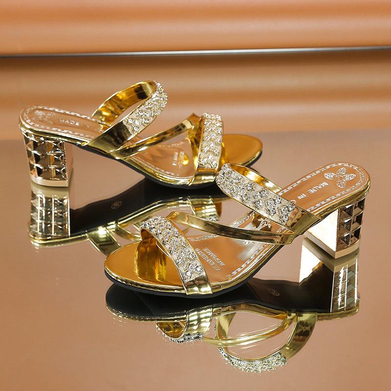 Spring/Summer New Women's Rhinestone Round Toe Wide Fit Mid Block Heel Sandals - Cushioned Comfort, Beach Casual & Shiny Durable Design