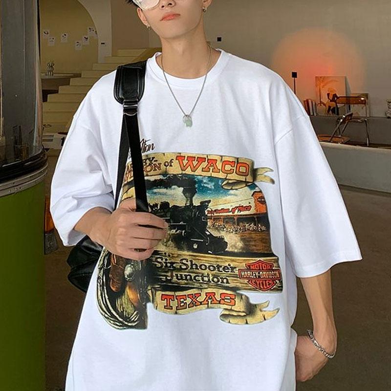 

Стильные американские пуловеры с принтом, мужская одежда, молодежный стиль, с буквенным принтом, летние, с круглым вырезом, свободные, винтажные, повседневные, футболки с коротким рукавом 5XL белый