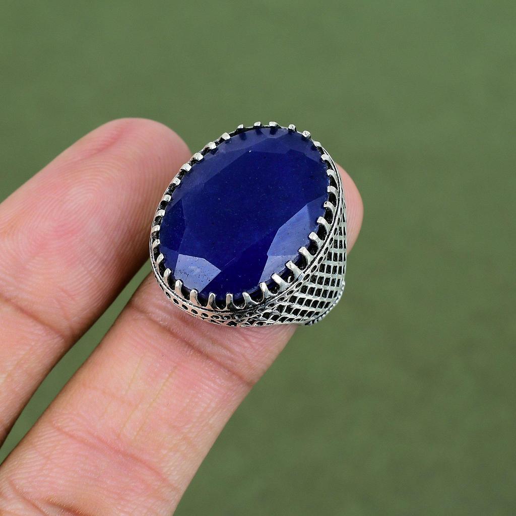 Faceted Blue Sapphire Ring 925 Sterling Silver Ring Handmade Jewelry Gemstone Ring Blue Sapphire Jewelry Gift For Him Available In Ring Size