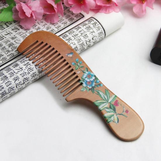 Painted Flower Peach Wood Healthy Scalp Comb Hair Massage Anti-Static Care Tool