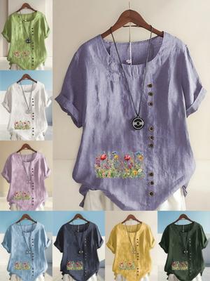 Moda Feminina Estampa de Cama de Flores Gola Redonda Manga Curta Camiseta Casual Algodão Linho Camisa Gráfica Lazer Solta Blusa de Verão Tops