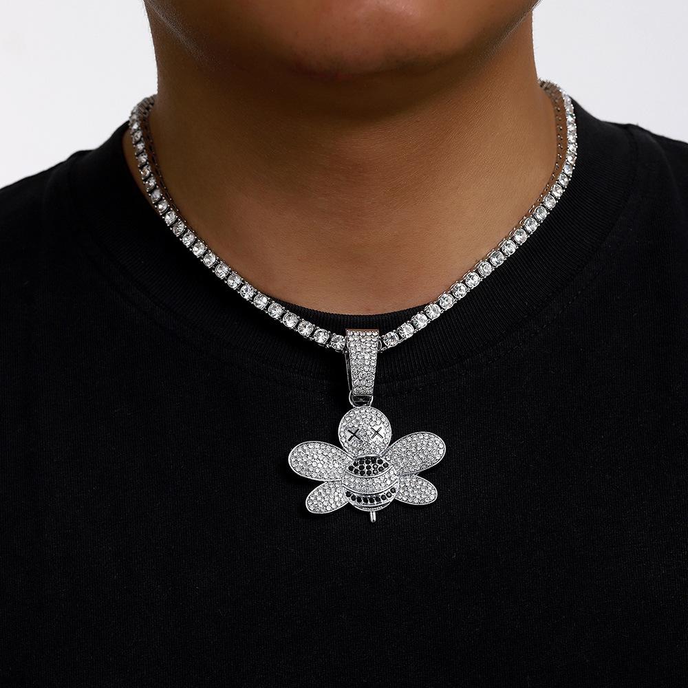 New Popular Hip-hop Full Diamond Little Bee Alloy Pendant, Hip-hop Cuban Chain Necklace, Fashionable Men's Necklace