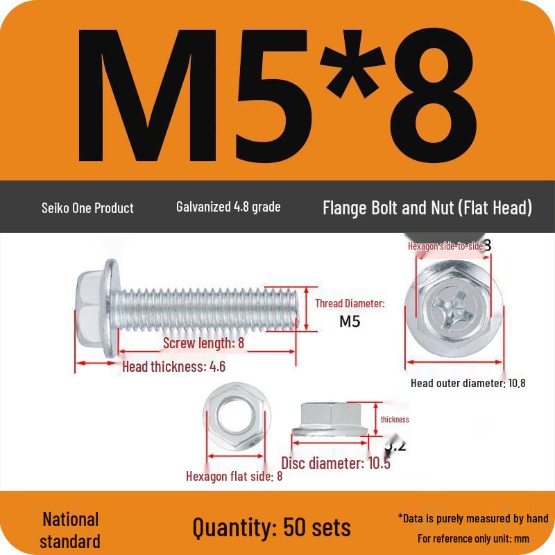 Galvanized Hex Bolt & Nut Set with Washer, Anti-slip, 4.8 Grade, Cross Flange Head, M4-M8 Sizes.