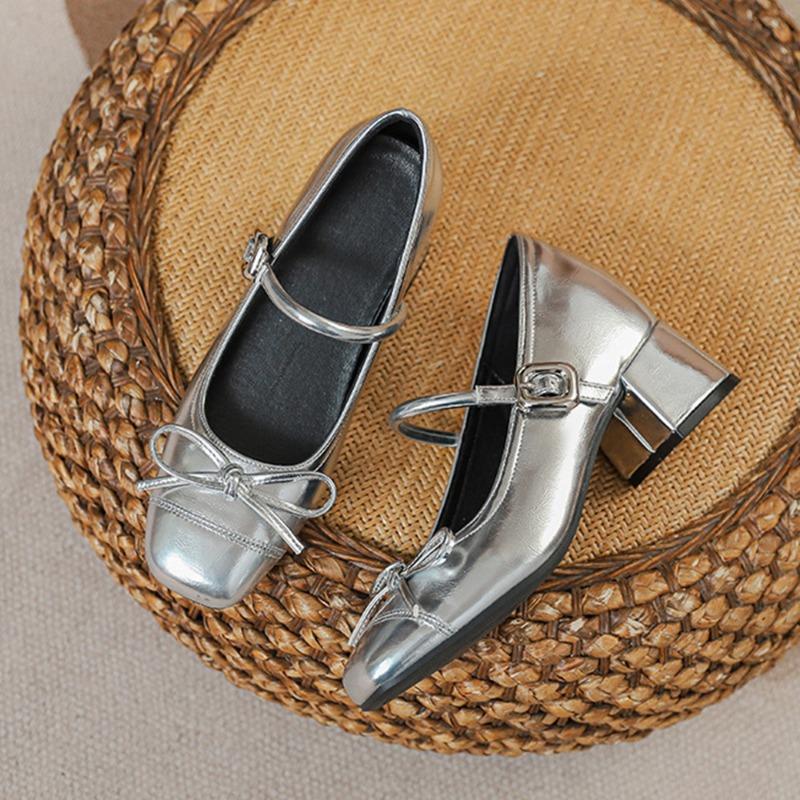 New Mary Jane Shoes Women's Thick Heel Inner Height Increase Bow Round Head Shallow Mouth One-word Buckle Soft-soled Non-slip Single Shoes