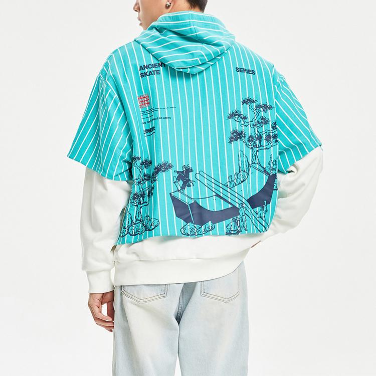 Li Ning Skateboard Series Fake Two-Piece Striped Splicing Pullover Hoodie Men Hoodies Champagne-White Ice-Porcelain-Green AWDR119-3