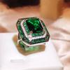 New Simulation Emerald Tourmaline Opening Ring Female  Silver Luxury Princess Square Full Diamond Ring Party Gift