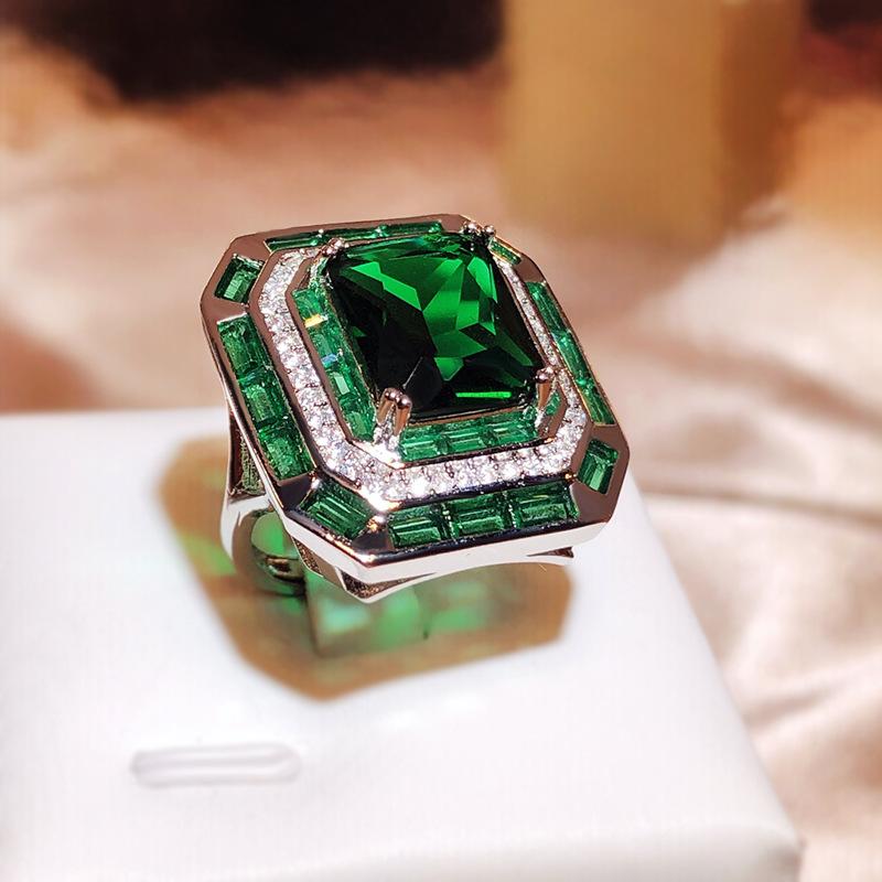 New Simulation Emerald Tourmaline Opening Ring Female  Silver Luxury Princess Square Full Diamond Ring Party Gift