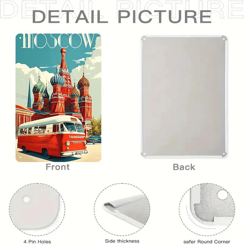 1 item: Retro bus tin painting of St. Basil's Cathedral, Moscow; decorative painting for living room/study; Russian style home w