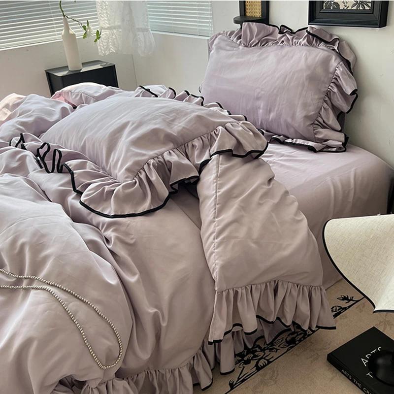 Four Piece Set of 180X220Cm Washed Ice Silky Bedding Korean Ruffled Quilt Cover for Bedroom Cooling Smooth Fitted Sheet Sets