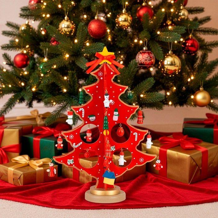 Christmas Tree - SPRINGOS - 29 Cm - Wood with Figurines - Red Decoration - Eco-friendly