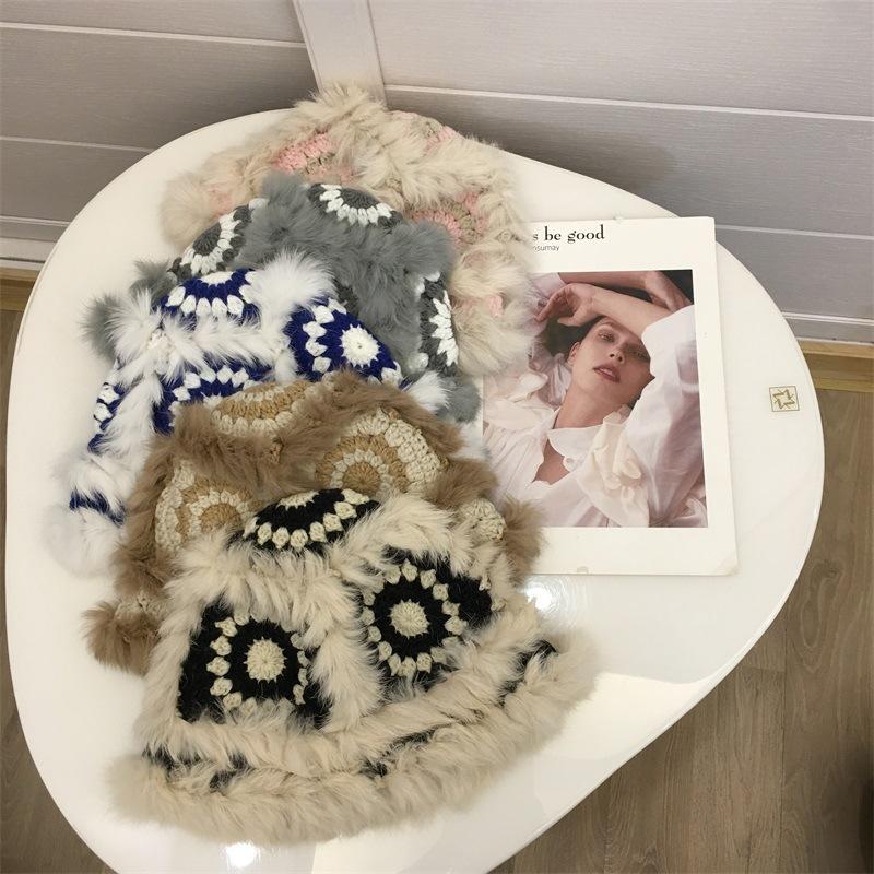 

Handmade crocheted rabbit hair lion head hat women s autumn and winter cute plush knitted hat warm bucket hat M（56-58cm） сірий колір