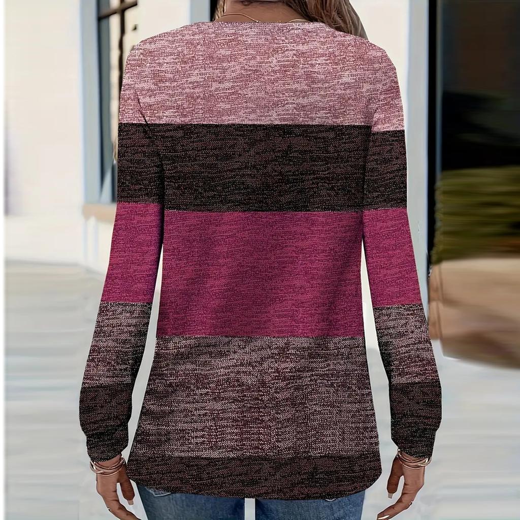 Women's Color Blocked Casual Fashion Long Sleeved V-neck T-shirt Top