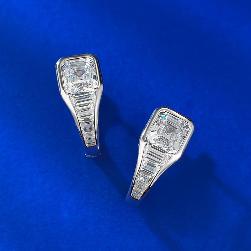 Asscher-Cut Green Zircon & White Diamond S925 Silver Stud Earrings with Ear Clip Style