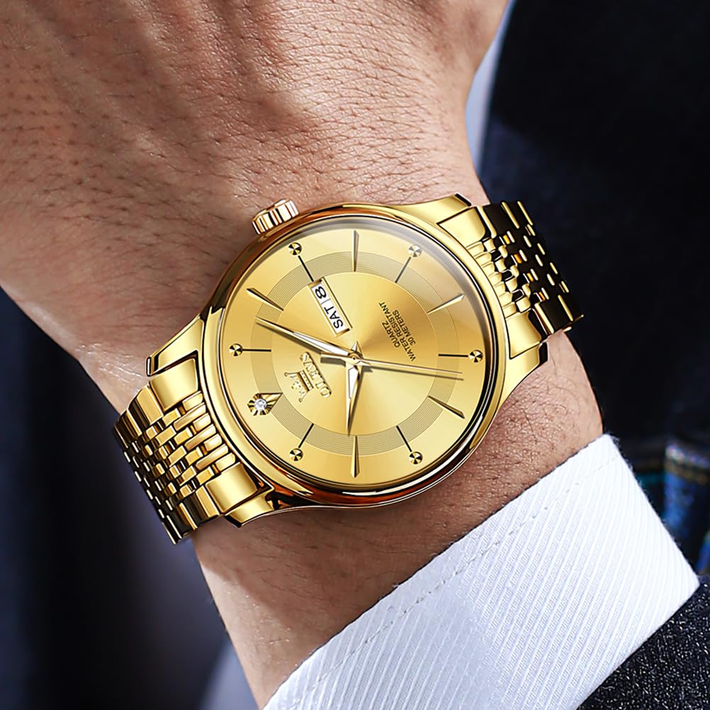 OLEVS Men's Quartz Watch with Diamonds, Metal Band, Date Display, Simple, Stylish, Lightweight, Luminous, Waterproof, Gold, for Men and Students