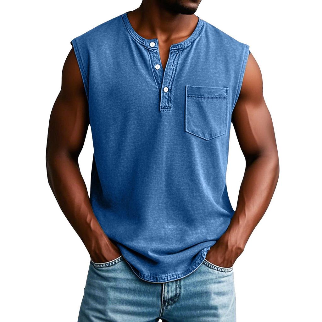Men's Summer Solid Color Pocket Sports Buttons Vest Men's Sports Casual Vest