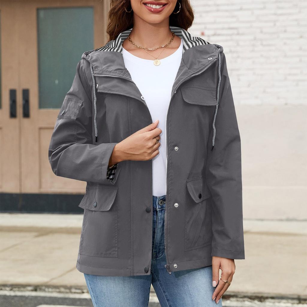 Damenmode Trenchcoat Einfarbig Langärmlig Kapuze Mehrere Taschen Jacke