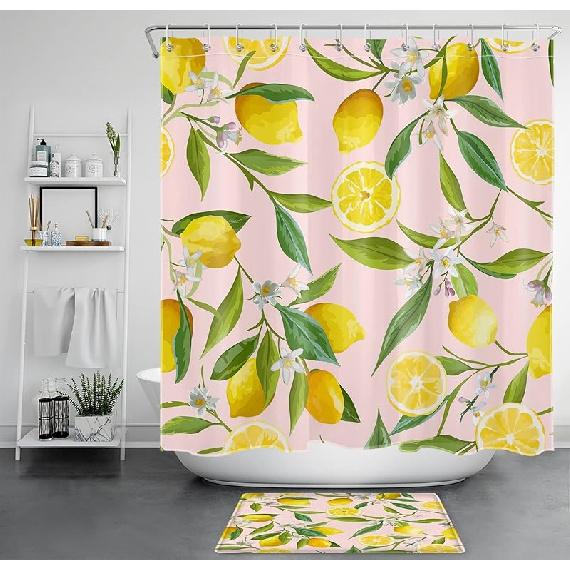 Red Strawberry Shower Curtain for Bathroom Nature Fruit and White Floral Green Leaf Plant Bathroom Shower Curtains with Hooks, Spring Country