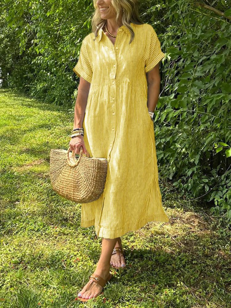 Loose Plus Size Striped Short Sleeved Shirt Dress for Women's Summer New Casual Cotton and Linen Mid Length Skirt