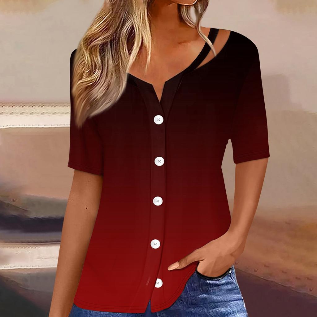 Damen T-Shirt mit Aufdruck, kurzärmelig, V-Ausschnitt, Knopfleiste, Strickjacke, T-Shirt, Top