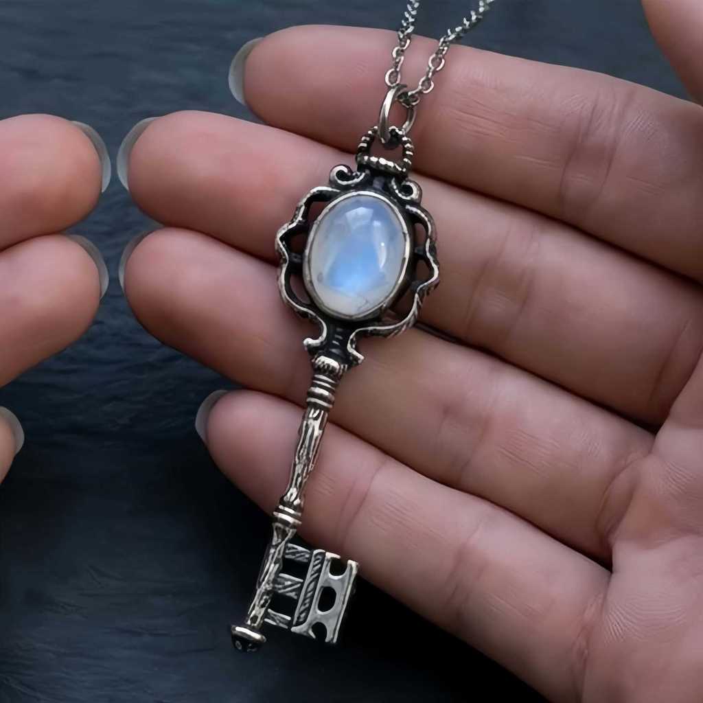 Dark Academy Key Pendant Necklace With Moonstone And Obsidian For Gothic Women