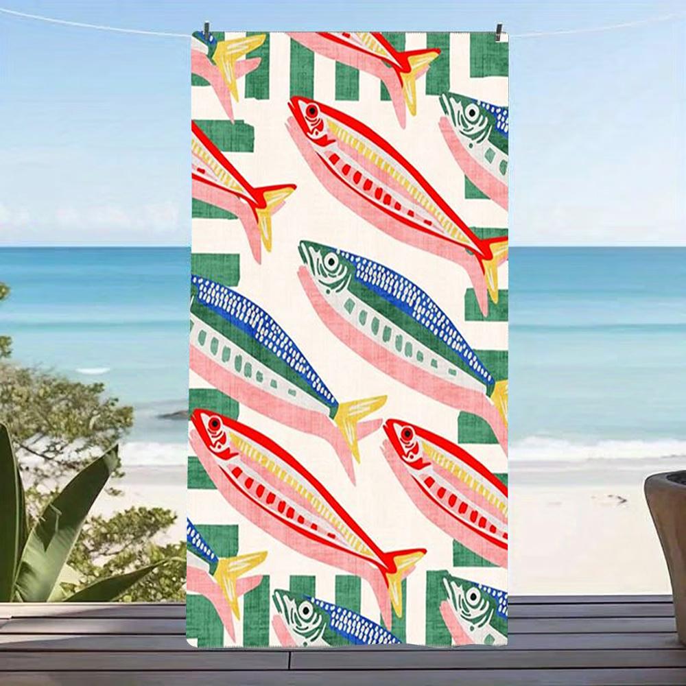 Green Grid Colorful Fish Print Beach Towel Anti Sand Microfiber Pool Towel Summer Beach Swim Outdoor Gym Camping
