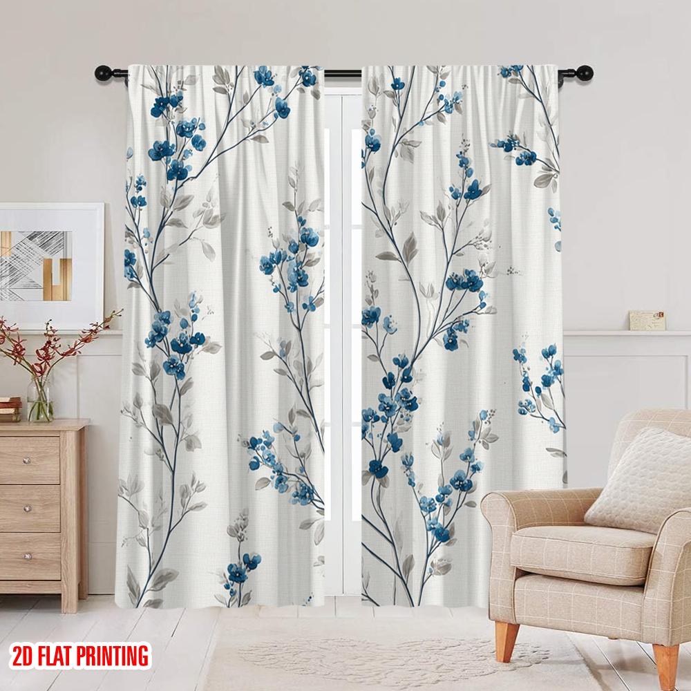 2D flat printing 2pcs Curtains Blue floral vine wallpaper 100% Polyester Fabric Without Electricity 0 for Indoor Celebrations